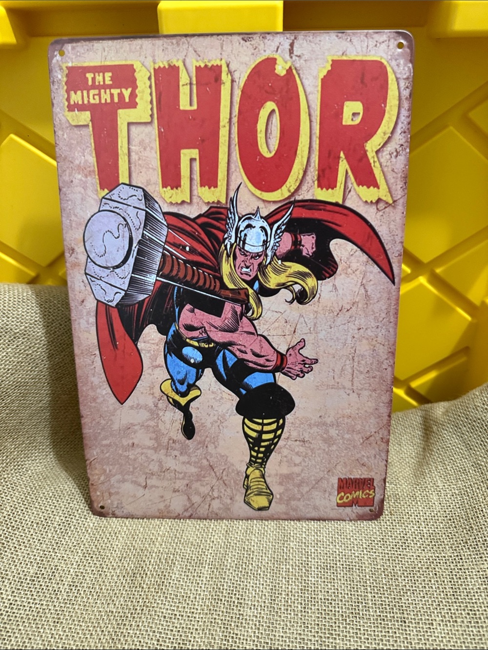 Marvel The Mighty Thor Vintage-Style Metal Sign - Red, Yellow, Blue